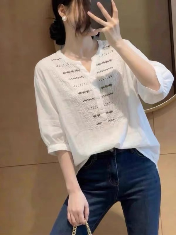 레트로 고급 자카드 자수 루즈핏 맨위 여성 여름 빅 사이즈 통통한 여동생 우아함 품격 슬림해 보이는 다용도 셔츠