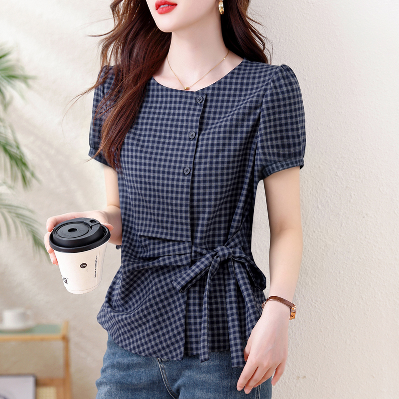 2026 여름 새로운 해군 격자 무늬 셔츠 라운드 넥 반팔 허리 수축 레이스업 슬림해 보이는 품격 출퇴근 다용도 맨위