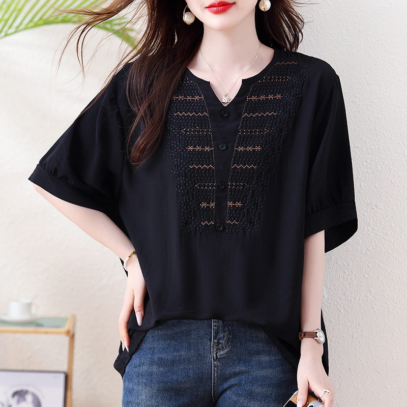 레트로 고급 자카드 자수 루즈핏 맨위 여성 여름 빅 사이즈 통통한 여동생 우아함 품격 슬림해 보이는 다용도 셔츠