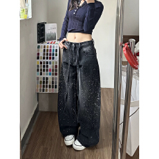 批发满天星烫钻阔腿<b class='q'>牛仔裤</b>女2025年冬季新款高腰显瘦小个子拖地裤