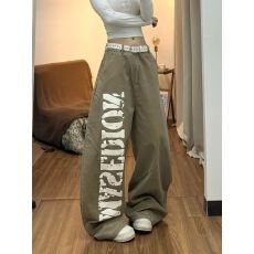 批发美式复古慵懒卡其色字母印花<b class='q'>牛仔裤</b>女设计感宽松显瘦阔腿拖地长裤