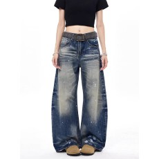 批发美式复古高街水洗泼墨弯刀<b class='q'>牛仔裤</b>男女春夏做旧宽松阔腿拖地裤情侣