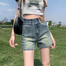 批发复古牛仔短裤女2026年新款夏季双排扣高腰辣妹宽松弹力a字热裤子