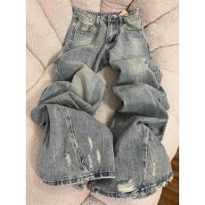 批发美式复古水洗浅蓝色阔腿破洞街头<b class='q'>牛仔裤</b>2025秋冬新款宽松直筒裤子