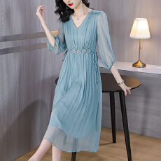 批发真丝<b class='q'>连衣裙</b>夏季2026新款品牌轻奢名媛桑蚕丝裙V领法式收腰气质裙