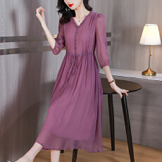 批发真丝<b class='q'>连衣裙</b>夏季2026新款高端品牌轻奢名媛桑蚕丝裙V领收腰法式裙