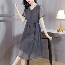 批发设计感拼接轻奢灰<b class='q'>连衣裙</b>女夏季薄款气质大码宽松长裙时尚小众裙子
