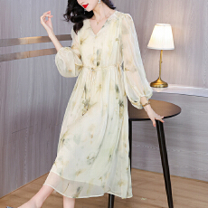 批发2026春夏新款<b class='q'>贵</b><b class='q'>夫人</b>重磅真丝桑蚕丝印花收腰连衣裙女气质真丝裙子