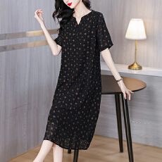 批发品牌<b class='q'>贵</b><b class='q'>夫人</b>黑色连衣裙2025夏季新款中年妈妈装显瘦V领裙子