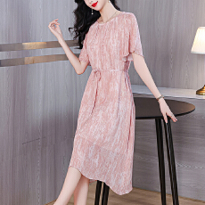 2026夏季新款真丝连衣裙女桑蚕丝收腰妈妈粉色显瘦优雅气质裙子