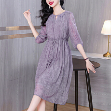 批发新款真丝<b class='q'>连衣裙</b>女紫色<b class='q'>甜美</b>桑蚕丝飘逸收腰显瘦优雅双层气质裙子夏