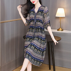 批发2026夏季新款V领收腰显瘦桑蚕丝A字裙中长款优雅印花真丝连衣裙女