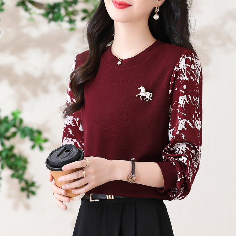 말의 해 행운 라운드 넥 페이크 레이어드 맨위 2026 봄 새로운 아세트산 공단 프린트 기타 리 실크 긴팔 작은 셔츠