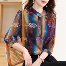 批发2026春夏新款云锦丝印花圆领七分袖<b class='q'>宽松</b>上<b class='q'>衬衣</b>