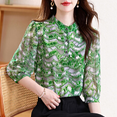 批发2026春夏新款天然丝印花圆领七分袖<b class='q'>宽松</b>休闲气质<b class='q'>衬衣</b>