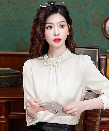 2026 가을 새로운 패션 라운드 넥 비즈 박기 품격 연령 감소 Chic 아세트산 공단 셔츠