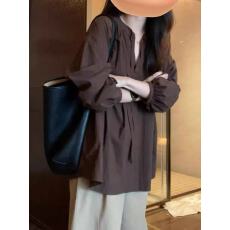 批发<b class='q'>韩</b>版美拉德复古设计感咖啡色飘带V领灯笼袖衬衫女上衣