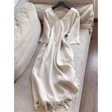 批发法式优雅 亚麻 <b class='q'>纯色</b>V领宽松<b class='q'>连衣裙</b>子 流苏廓形长裙女