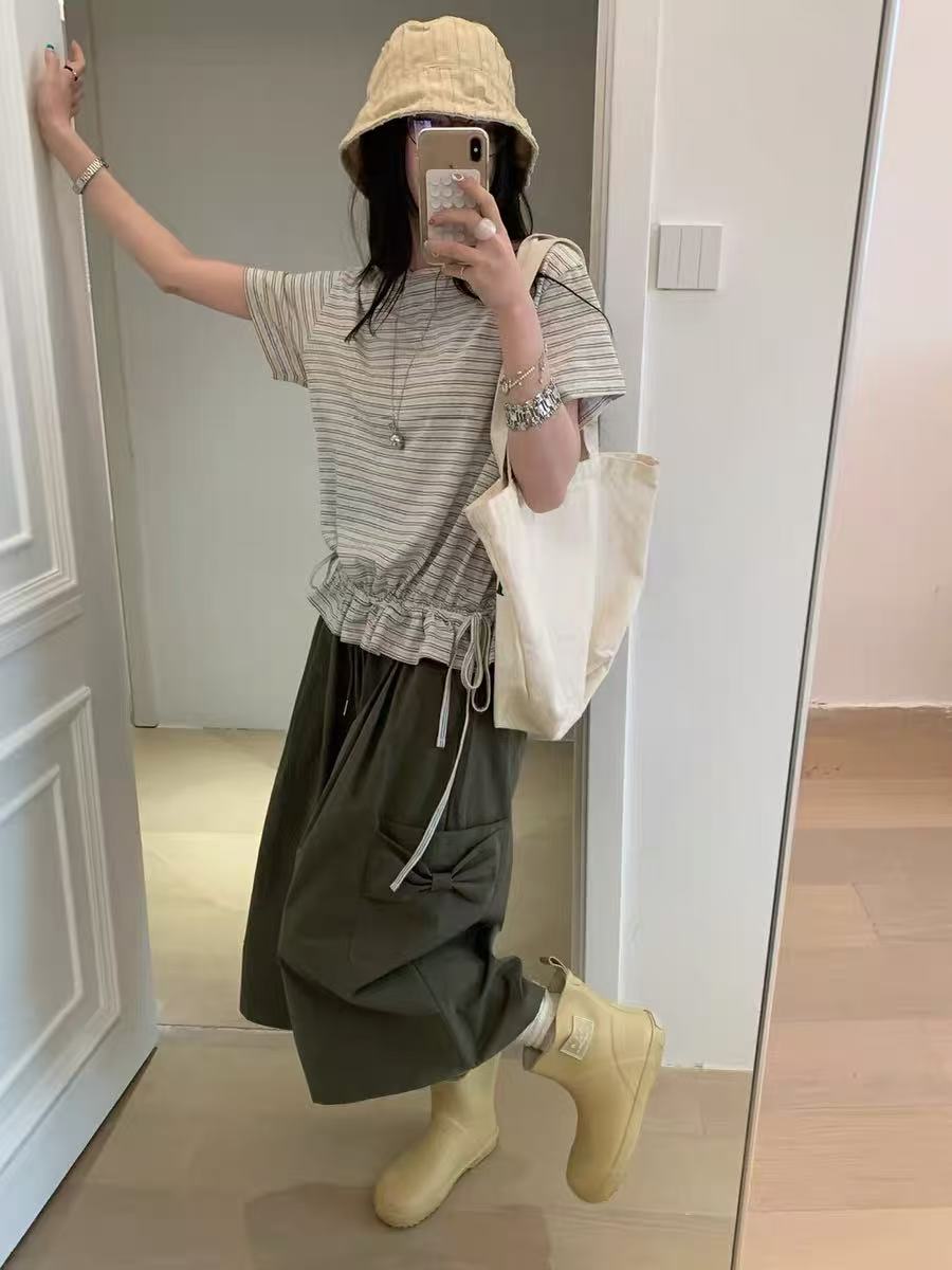 한 부서 다용도 레이스업 측면 나비 매듭 빅 포켓 8 점 와이드 레그 팬츠 캐주얼 바지
