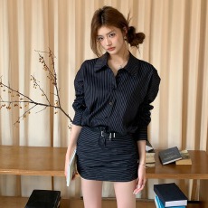 批发实拍2026春装新款黑色条纹气质皮带收腰短款包臀裙子<b class='q'>衬衫</b><b class='q'>连衣裙</b>女