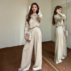 批发实拍2025秋冬新款<b class='q'>亚麻</b>衬衫长袖上衣女休闲阔腿裤气质老钱风套装潮
