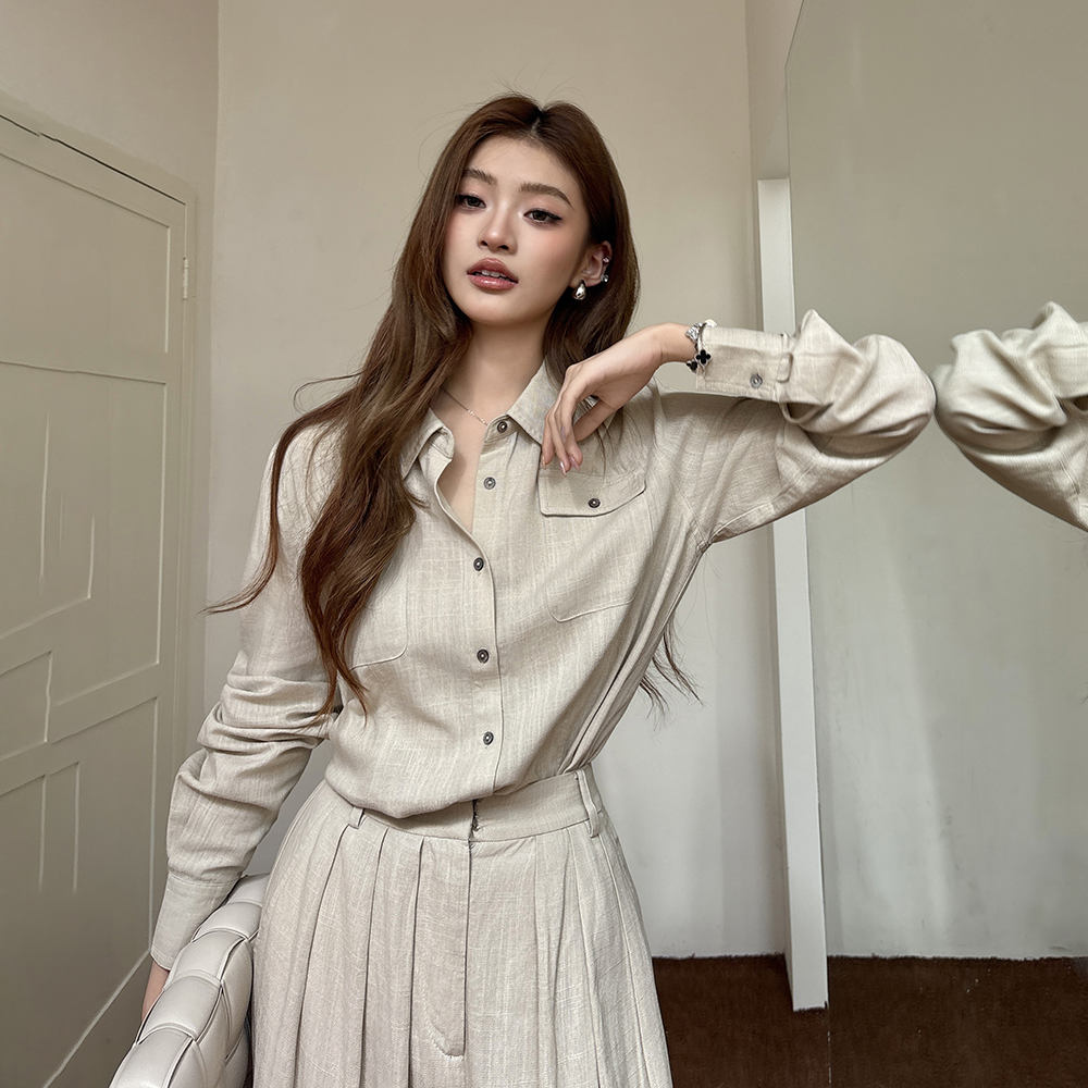实拍2025秋冬新款亚麻衬衫长袖上衣女休闲阔腿裤气质老钱风套装潮