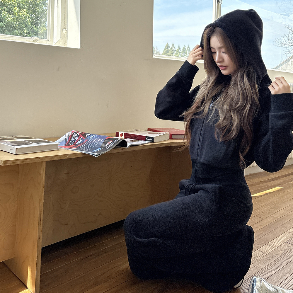 实拍2025秋冬新款摇粒绒连帽卫衣外套女微喇长裤卫裤休闲两件套装