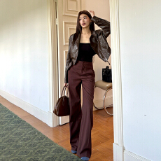 批发实拍2025秋冬新款红棕高腰阔腿裤休闲<b class='q'>西装</b>裤女宽松直筒垂感长裤潮