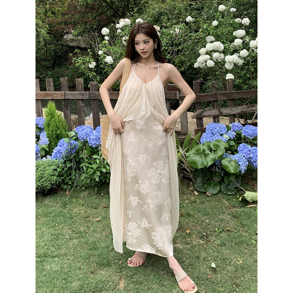 실사 2026 여름 드레스 새로운 고급 품격 문예 여성 드레스 행침 목 백리스 슬립 드레스 우아한 길다 치마