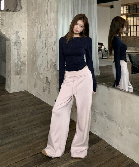 실사 2026 가을 새로운 얇은 플러시 웨이 바지 루즈핏 캐주얼 스트레이트 와이드 레그 팬츠 품격 다용도 하이웨이스트 긴 바지 여성