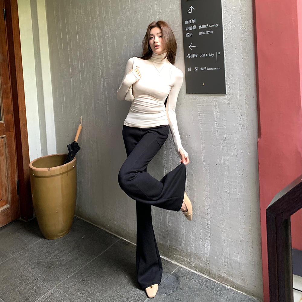 秋季新款休闲遮肉显瘦高黑色微喇裤气质修身薄绒马蹄裤女  服裝批發女裝批發服飾貨源