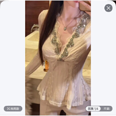 批发粉红PINK丨设计感ins风重工镶钻V领蕾丝上衣