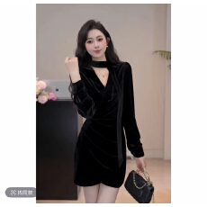 批发圆脸酥【月光诗集】温柔飘带+交叉V领压褶丝绒连衣裙女