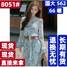 批发春夏时尚仙气温柔游牧风法式碎花收腰<b class='q'>长袖</b>修身显瘦乔其纱连衣裙