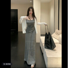 批发【HuiHui】春夏<b class='q'>条纹</b>不规则吊带背心显瘦<b class='q'>半身裙</b>防晒开衫套装