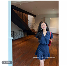 批发【蓝调笔记】藏青色miu系立体提花少<b class='q'>女</b>感减龄法式收腰连衣裙