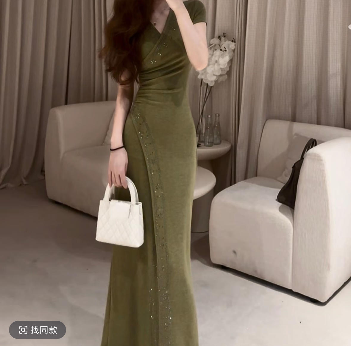 세이지 녹색 여름 전투 치마 프랑스식 빛 럭셔리 분위기 센스 여름 새로운 세이지 녹색 트임 드레스