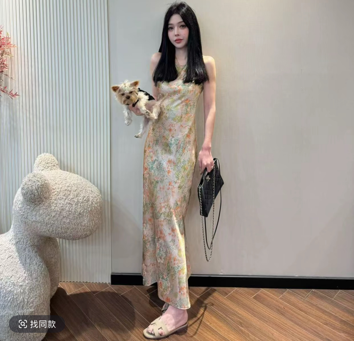 f26 패션 연령 감소 차가운 센스 민소매 몸매 가꾸기 허리 수축 품격 프린트 드레스