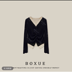 批发BOXUE【丝柔】早秋复古气质V领蕾丝显瘦上衣