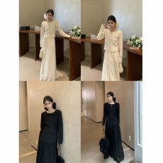批发YWYW26S/S纯色小香风修身开衫+<b class='q'>高腰</b>捏褶A字长裙套装