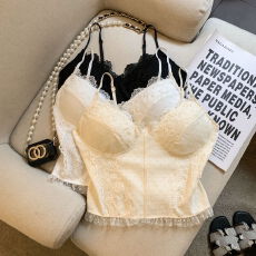 批发实拍纯欲风法式薄纱蕾丝吊带<b class='q'>内衣</b>内搭外穿无袖露肩褶皱露脐女背心