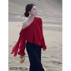 批发法式小资上衣女2025秋时尚时髦洋气高级感超好看别致漂亮红色衬衫