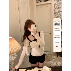 批发Lukira【中古香香Girl】挂脖吊带长袖开衫女秋季蕾丝提花两件套装
