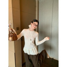 批发宋正恩杏色木耳边内搭打底衫t恤女秋冬2025蕾丝花边<b class='q'>修身</b>长袖上衣