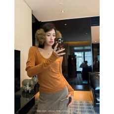 批发宁司 U领贴袋内搭正肩长袖<b class='q'>T</b><b class='q'>恤</b>女秋冬韩系休闲设计感修身打底上衣