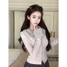 粉色毛毛拼接翻领长袖针织衫女秋冬韩系温柔修身显瘦内搭打底上衣