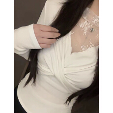 批发法式时尚<b class='q'>百搭</b>蕾丝拼接长袖加绒女显瘦扭结修身网纱内搭上衣