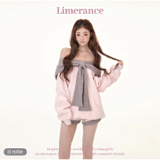 批发甜梨呆呆雾港甜章设计感撞色一字肩连帽宽松加绒卫衣<b class='q'>短裤</b>套装秋冬