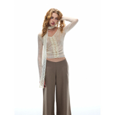 批发No3kou法式“洋气姐姐”奶杏双层蕾丝捏褶花边掐腰灵动飘带打底衫