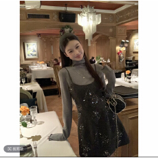 批发芬兰玫瑰吊带裙冬季韩系气质洋气亮片高级连衣裙254Y4874